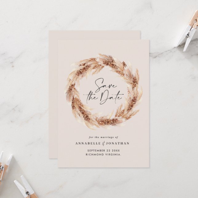 Modern bohemian natural pampas grass wedding invit invitation (Front/Back In Situ)