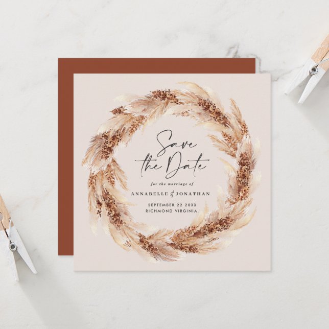 Modern bohemian natural pampas grass wedding invitation (Front/Back In Situ)