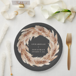 Modern bohemian natural pampas grass wedding paper plates
