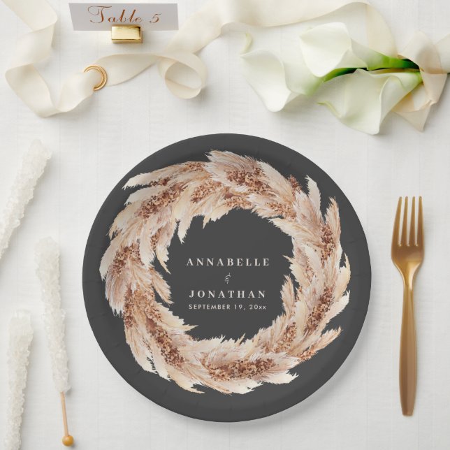 Modern bohemian natural pampas grass wedding  paper plates (Wedding)