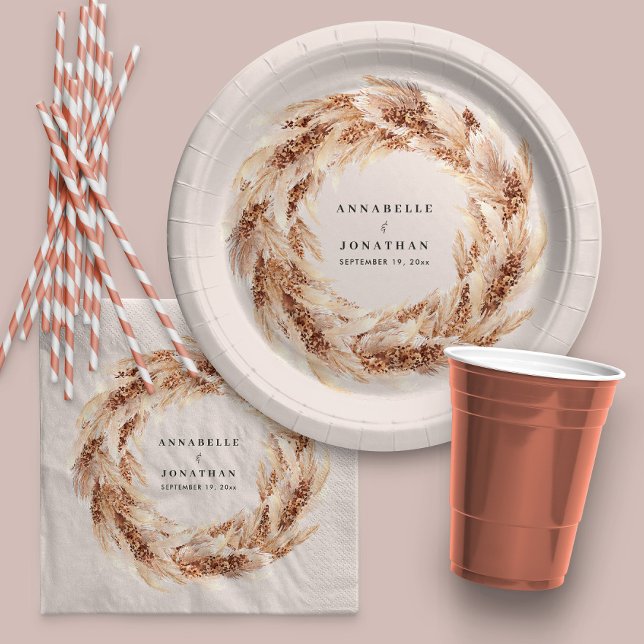 Modern bohemian natural pampas grass wedding  paper plates (Creator Uploaded)