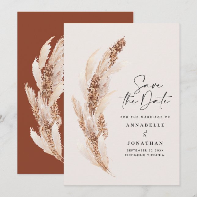 Modern bohemian natural pampas grass wedding save  save the date (Front/Back)