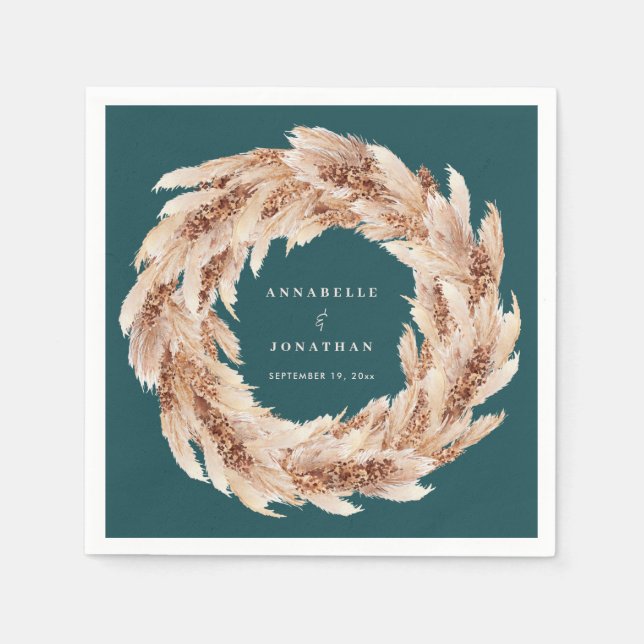 Modern bohemian natural pampas grass wedding teal napkins (Front)