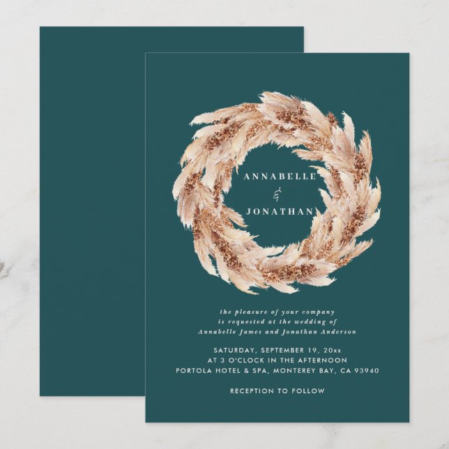 Modern bohemian natural teal pampas grass wedding invitation (Front/Back)