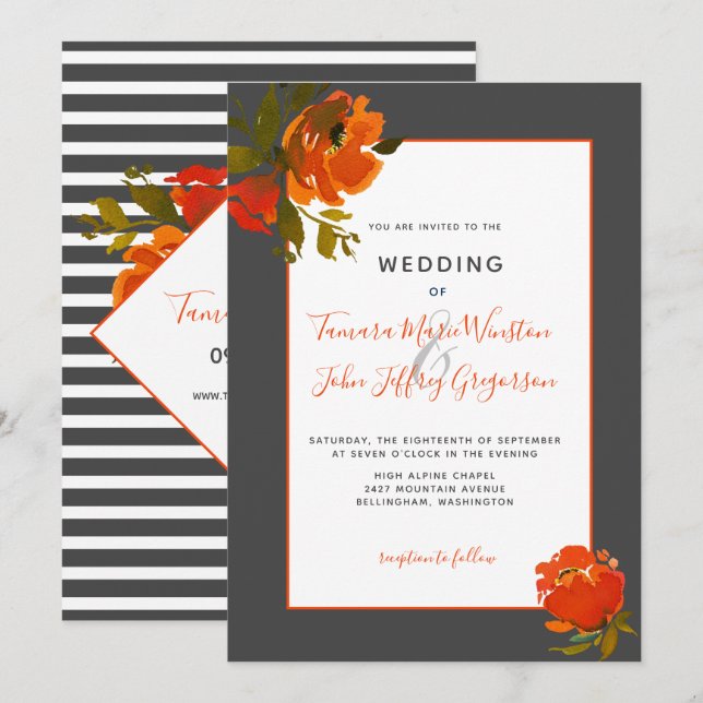 Modern Bohemian Orange Gray Floral Wedding Invitation (Front/Back)