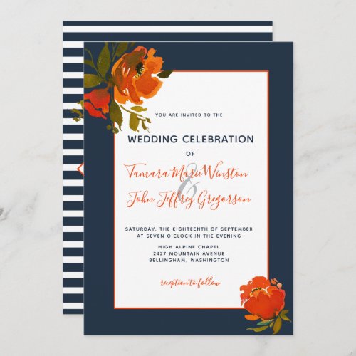 Modern Bohemian Orange Navy Floral WeddingEvent Invitation