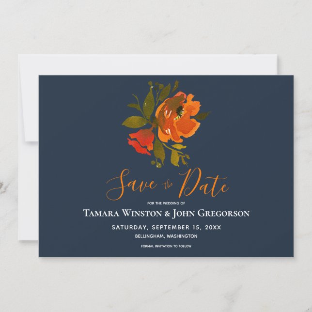 Modern Bohemian Orange Navy Floral Wedding Save The Date (Front)