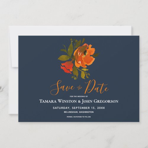 Modern Bohemian Orange Navy Floral Wedding Save The Date