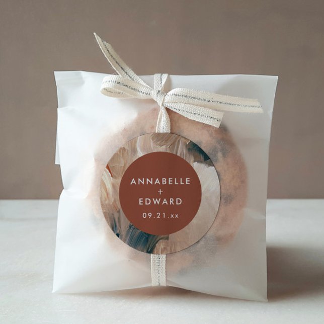 Modern bohemian painterly terracotta teal wedding classic round sticker (Creator Uploaded)