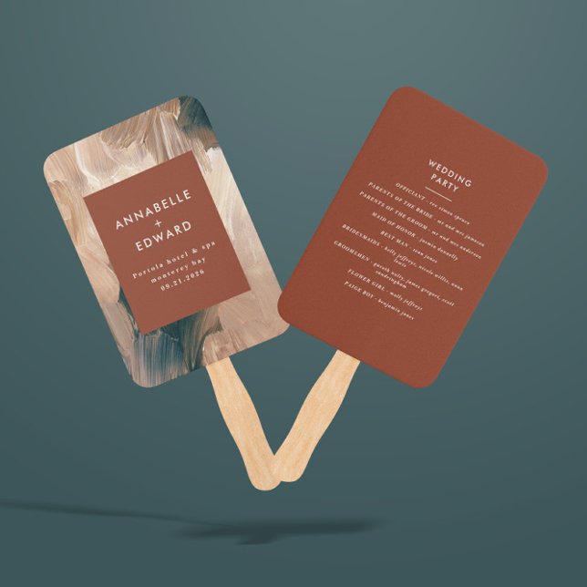 Modern bohemian, painterly terracotta teal wedding hand fan (Creator Uploaded)
