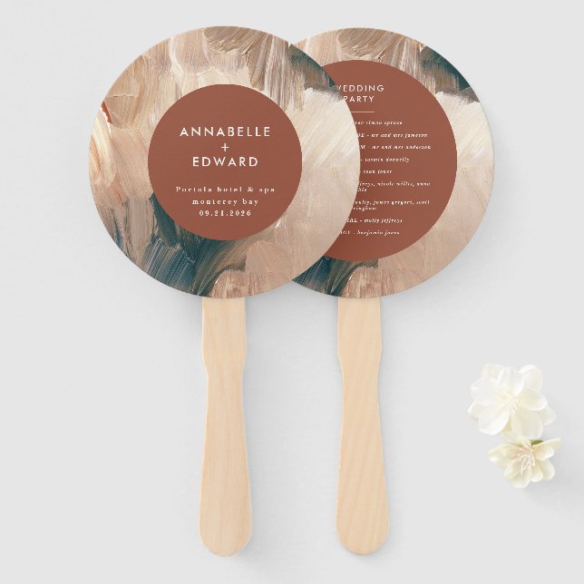 Modern bohemian, painterly terracotta teal wedding hand fan (Front and Back)