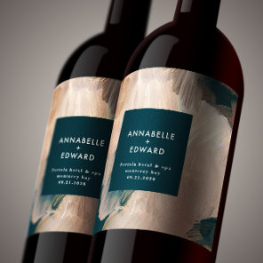 Modern bohemian painterly terracotta teal wedding wine label