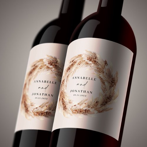 modern bohemian pampas grass botanical elegant wine label