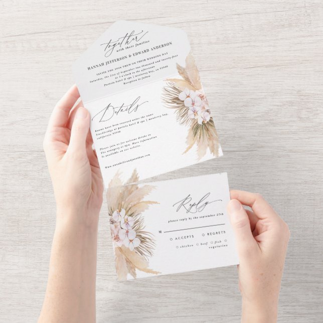 Modern bohemian pampas grass botanical wedding all in one invitation (Tearaway)