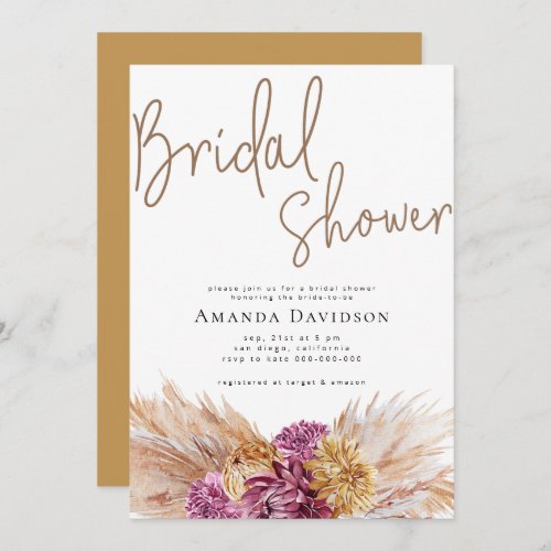Modern Bohemian Pampas Grass Bridal Shower Floral Invitation