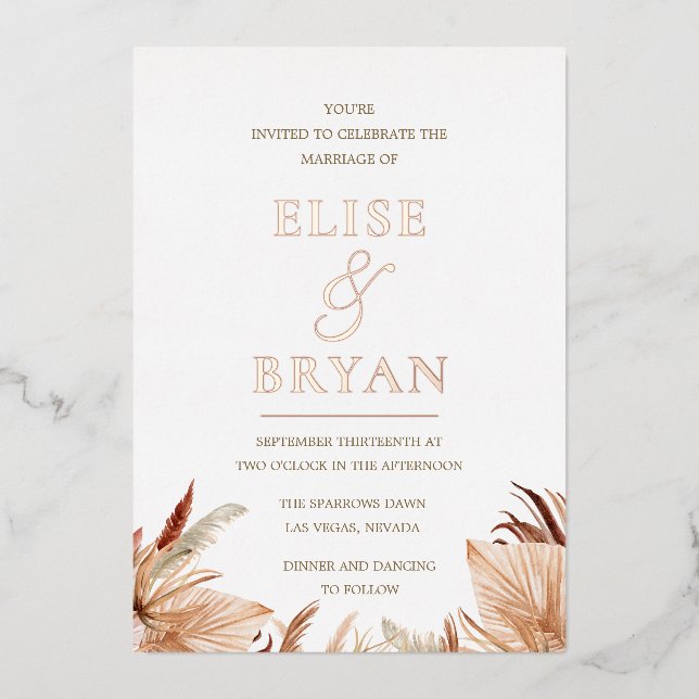 Modern Bohemian Rose Gold Foil Boho Wedding Invitation (Front)