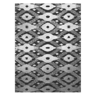 Modern Bohemian Silver Black Glitter Ikat Pattern Tablecloth