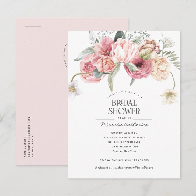 Modern bohemian style floral garden bridal shower invitation postcard (Front/Back)