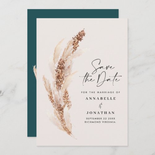 Modern bohemian teal pampas grass wedding save the date