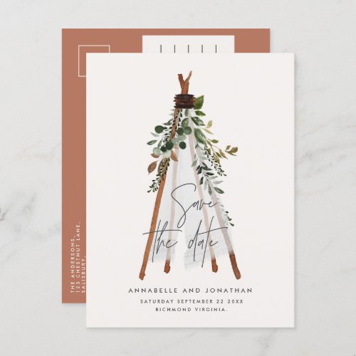 Modern bohemian teepee botanical rustic backyard announcement postcard