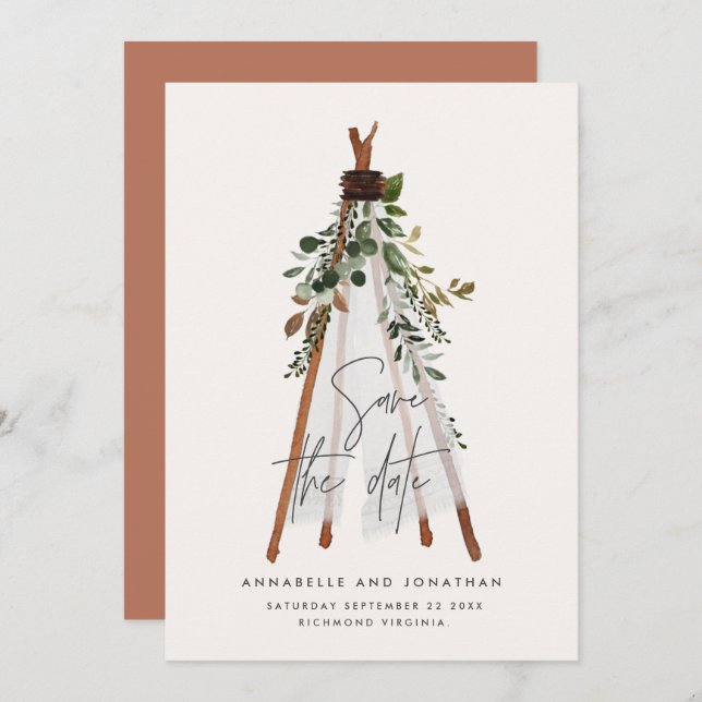 Modern bohemian teepee botanical rustic backyard save the date (Front/Back)