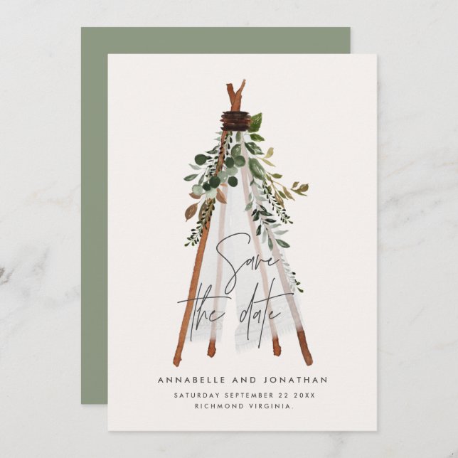 Modern bohemian teepee botanical rustic backyard save the date (Front/Back)