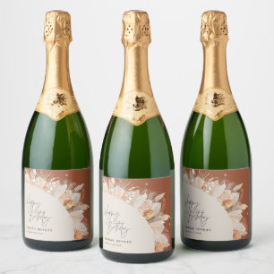 Modern bohemian terracotta pampas grass birthday sparkling wine label