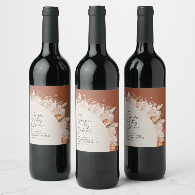 Modern bohemian terracotta pampas grass elegant wine label (Bottles)