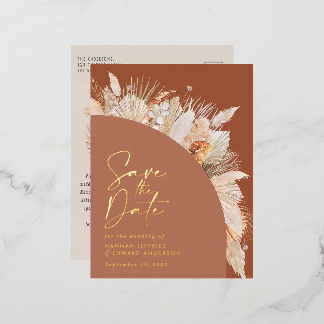 Modern bohemian terracotta pampas grass foil foil holiday postcard (Front/Back)