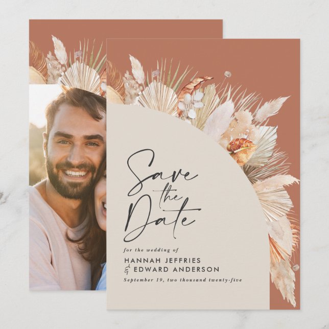 Modern bohemian terracotta pampas grass photo save save the date (Front/Back)