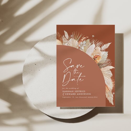 Modern bohemian terracotta pampas grass photo save the date