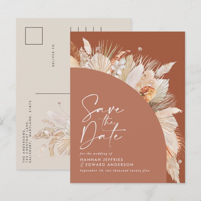 Modern bohemian terracotta pampas grass stylish an announcement postcard (Front/Back)