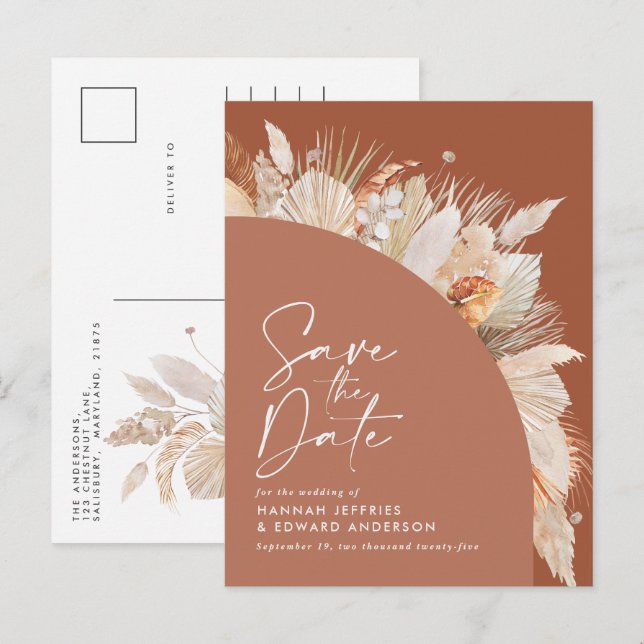 Modern bohemian terracotta pampas grass stylish announcement postcard (Front/Back)
