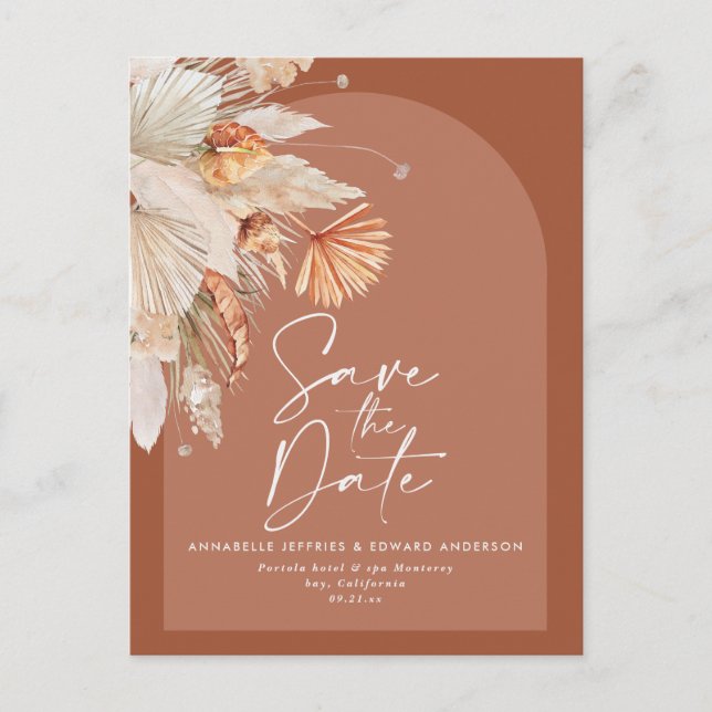 Modern bohemian terracotta pampas grass stylish announcement postcard (Front)