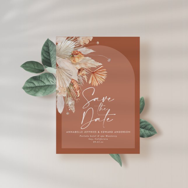 Modern bohemian terracotta pampas grass stylish sa save the date (Creator Uploaded)