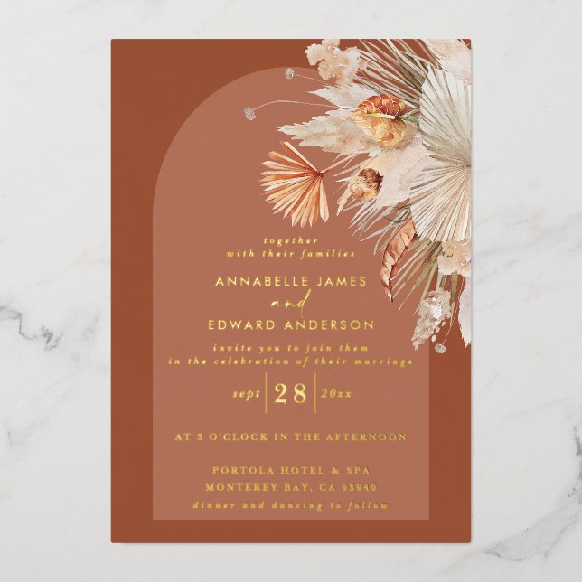 Modern bohemian terracotta pampas grass wedding foil invitation (Front)