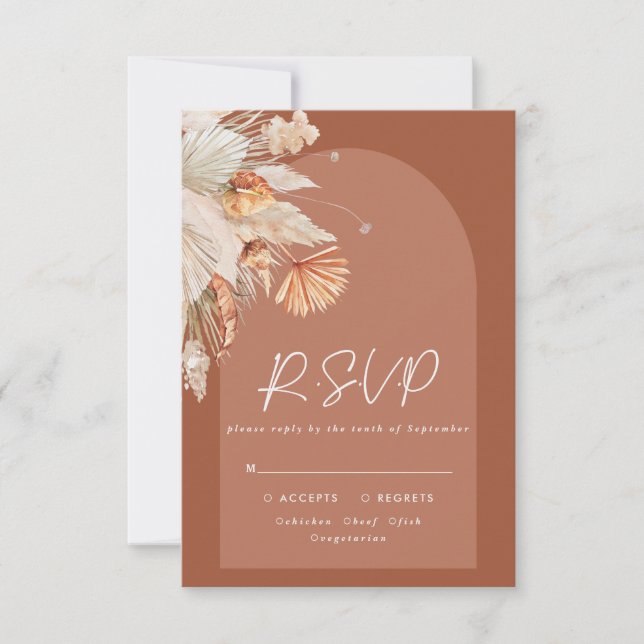 Modern bohemian terracotta pampas grass wedding RSVP card (Front)