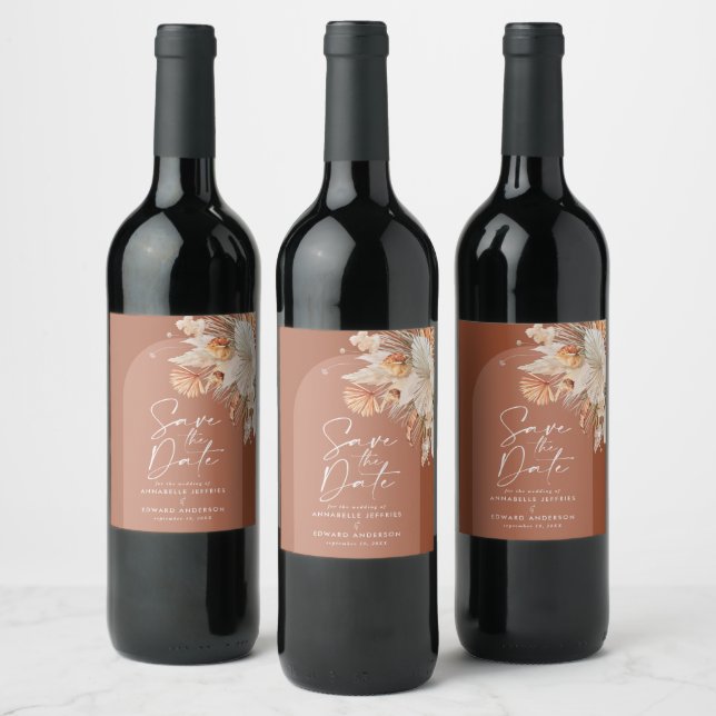 Modern bohemian terracotta pampas save the date wine label (Bottles)