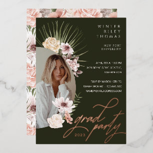 Modern Bohemian Watercolor Florals Graduate Photo Foil Invitation