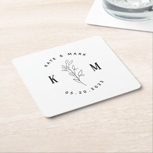 Modern Bohemian Wedding Monogram Square Paper Coaster