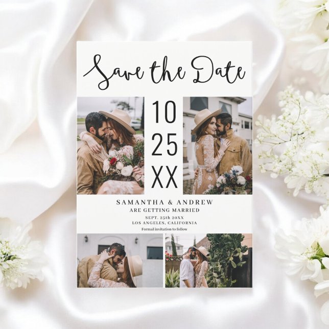  Modern Boho 4-Photo Black white Wedding Save The Date (Modern Boho 4-Photo Black white Wedding Save The Date)