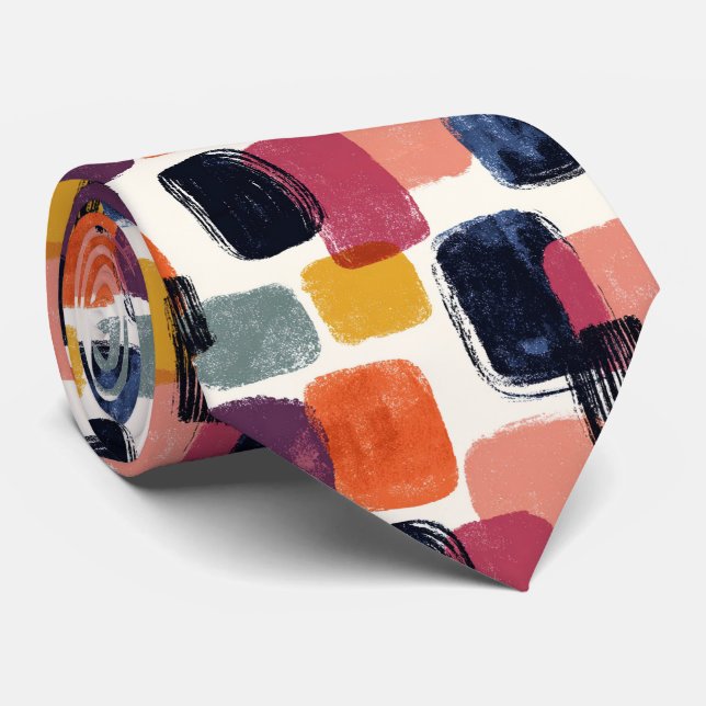 Modern Boho Abstract Brushstroke -Bold Retro Color Neck Tie (Rolled)