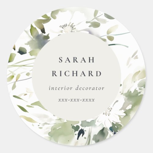 Modern Boho Abstract Green White Floral Business Classic Round Sticker