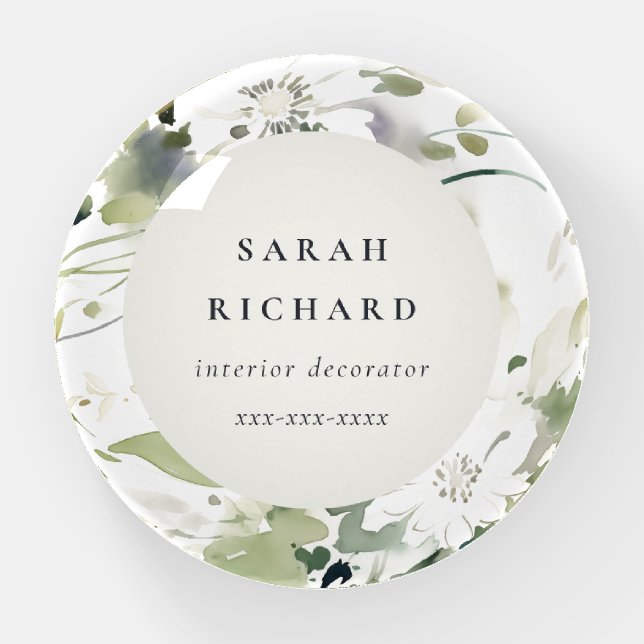 Modern Boho Abstract Green White Floral Business Paperweight (Front)