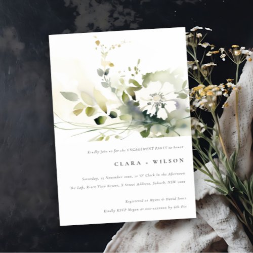 Modern Boho Abstract Green White Floral Engagement Invitation