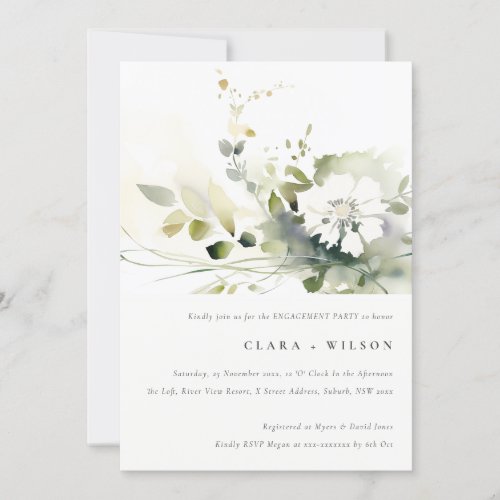 Modern Boho Abstract Green White Floral Engagement Invitation