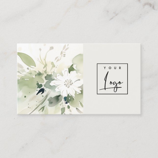 Modern Boho Abstract Green White Floral Logo Business Card (Front)