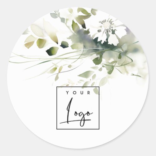 Modern Boho Abstract Green White Floral Logo Classic Round Sticker