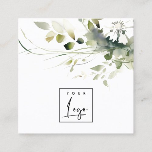 Modern Boho Abstract Green White Floral Logo Square Business Card