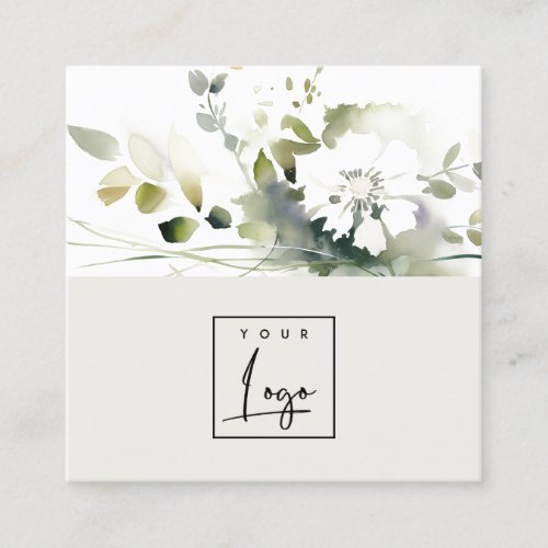Modern Boho Abstract Green White Floral Logo Square Business Card